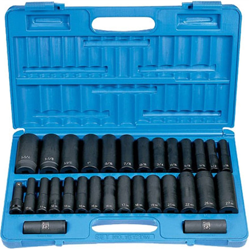 Grey Pneumatic 1512DM 1/2" Drive 30-Piece SAE & Metric Deep Set - Pelican Power Tool