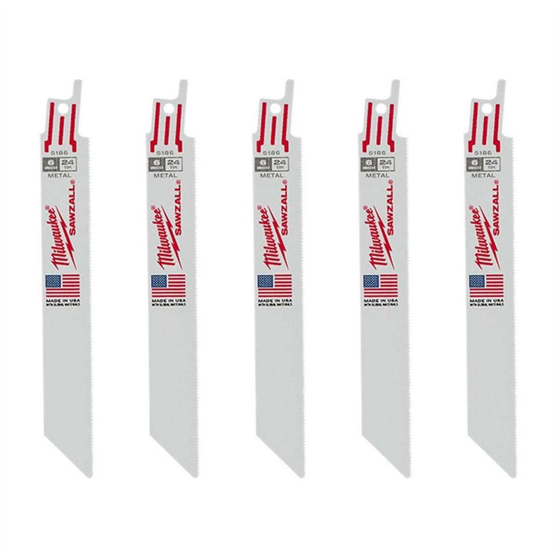 Milwaukee 48-00-5186 5-Pack of 6 in. 24 TPI Thin Metal Cutting SAWZALL Reciprocating Saw Blades - Pelican Power Tool