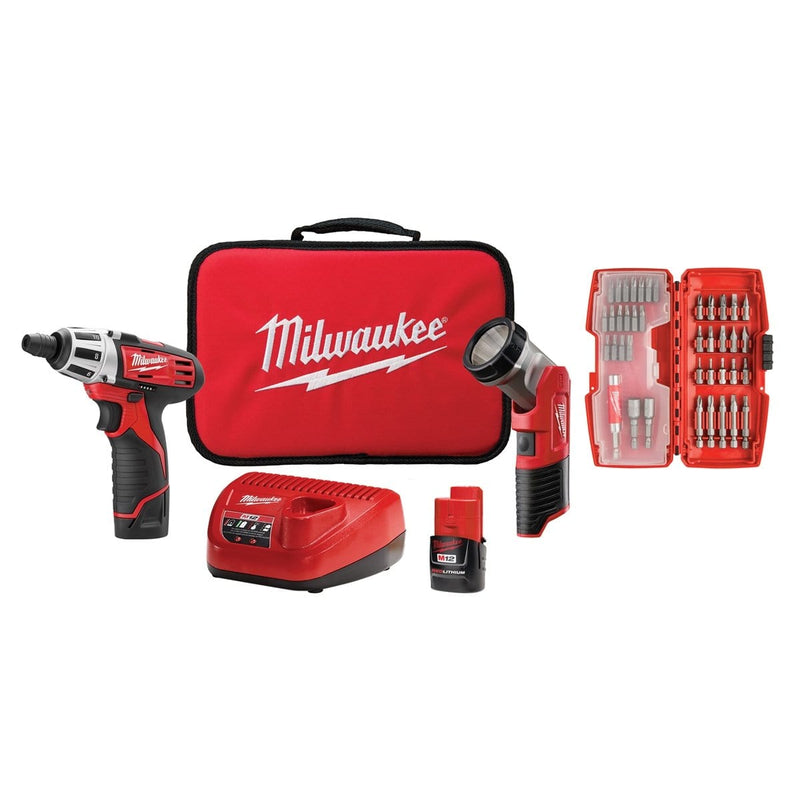 Milwaukee 2482-22 M12 Screwdriver Led Worklight, 40-Pc Bit Set, (2) 1.5 Ah Batt Bag - Pelican Power Tool