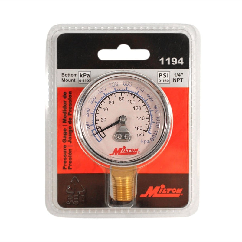 Milton Industries 1194 Gage 1/4" Npt, 0-160 Psi - Bottom Mount - Pelican Power Tool