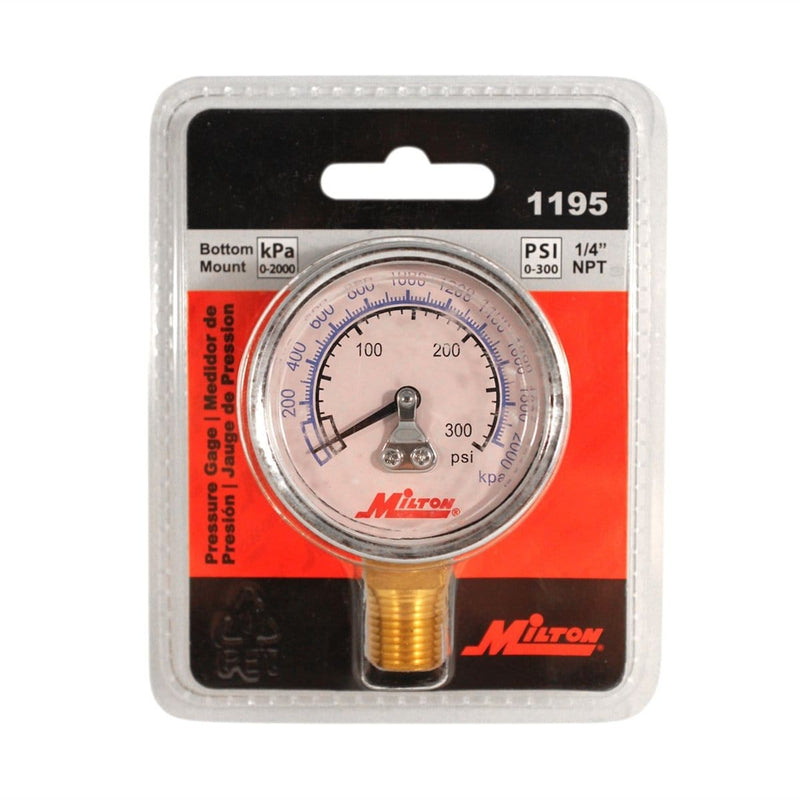 Milton Industries 1195 Gage 1/4" Npt, 0-300 Psi - Bottom Mount - Pelican Power Tool