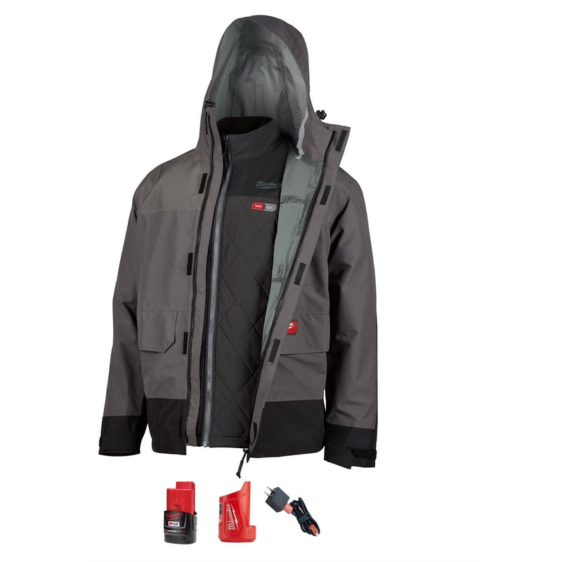 Milwaukee 203RN-21S 203Rn-21 M12 Heated Axis Layering System Hydrobreak Rainshell 2.0Ah Kit, Gray - Pelican Power Tool