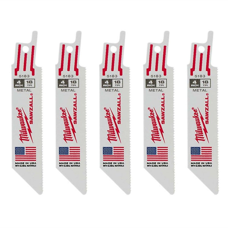 Milwaukee 48-00-5183 5-Pk Of 4v¢‚Ç¨ 18 Tpi Medium Metal Cutting Sawzall Recip Saw Blades - Pelican Power Tool